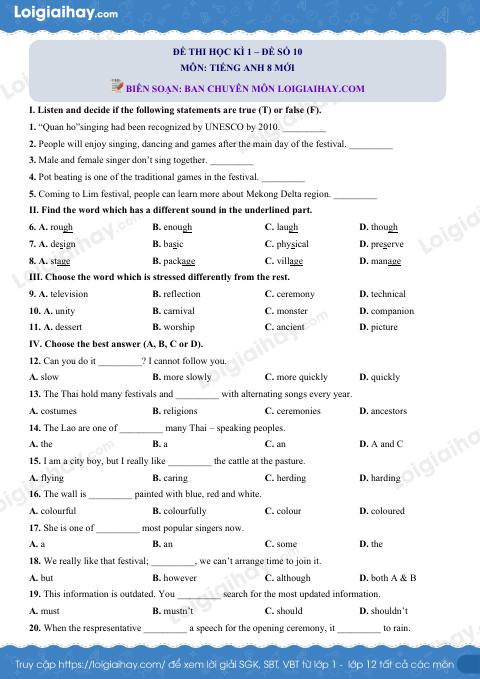Đề số 10 - Đề kiểm tra học kì 1 - Tiếng Anh 8 mới